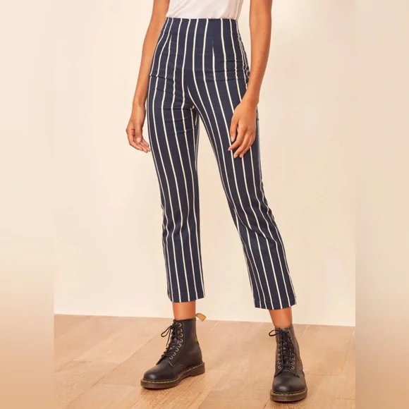 Reformation pants blue white striped Size 0 cropped high rise - Picture 1 of 3